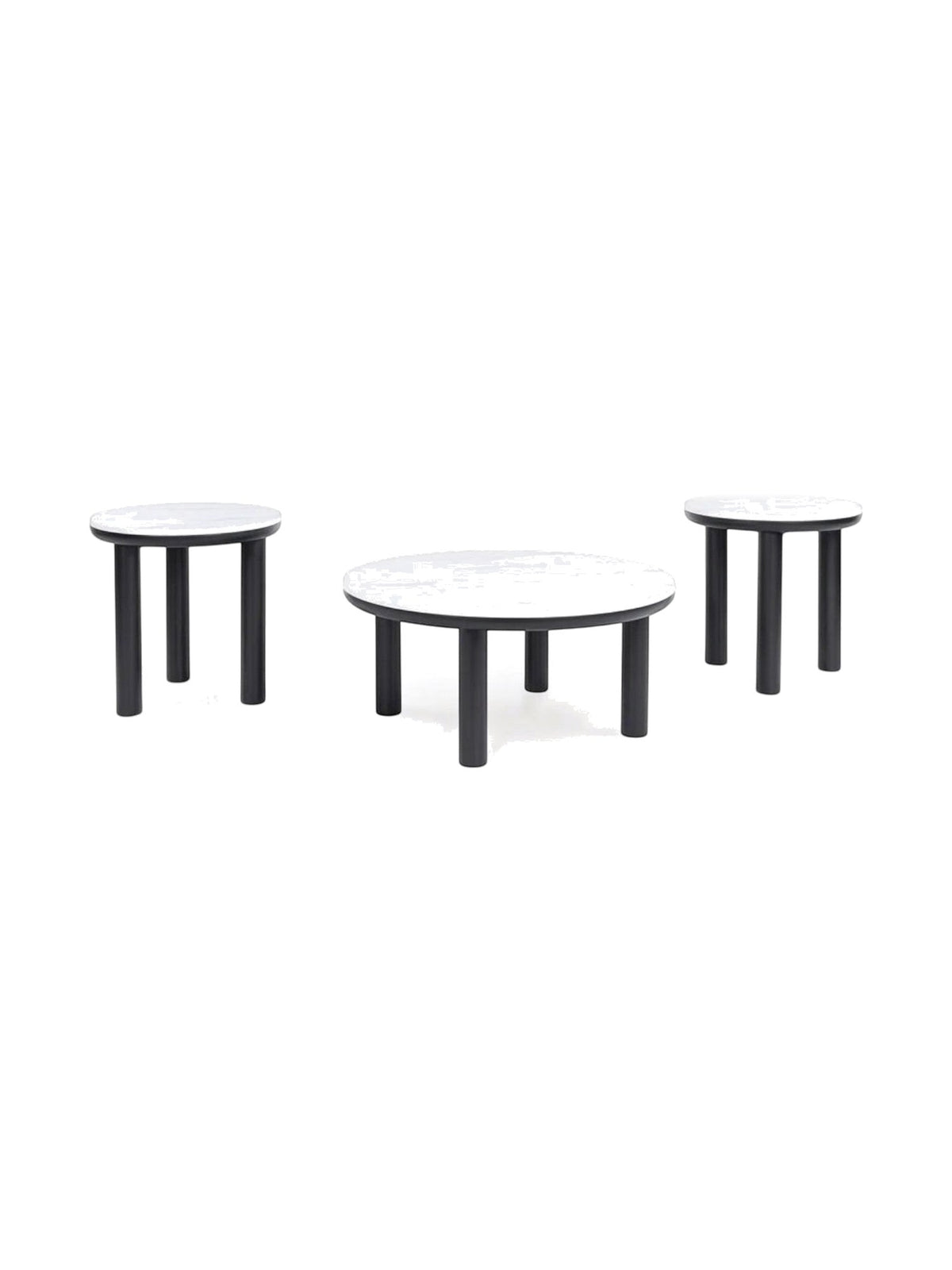 Ensemble de trois tables basses Andru TOCO Meubles avec plateaux blancs effet marbre et pieds cylindriques noirs