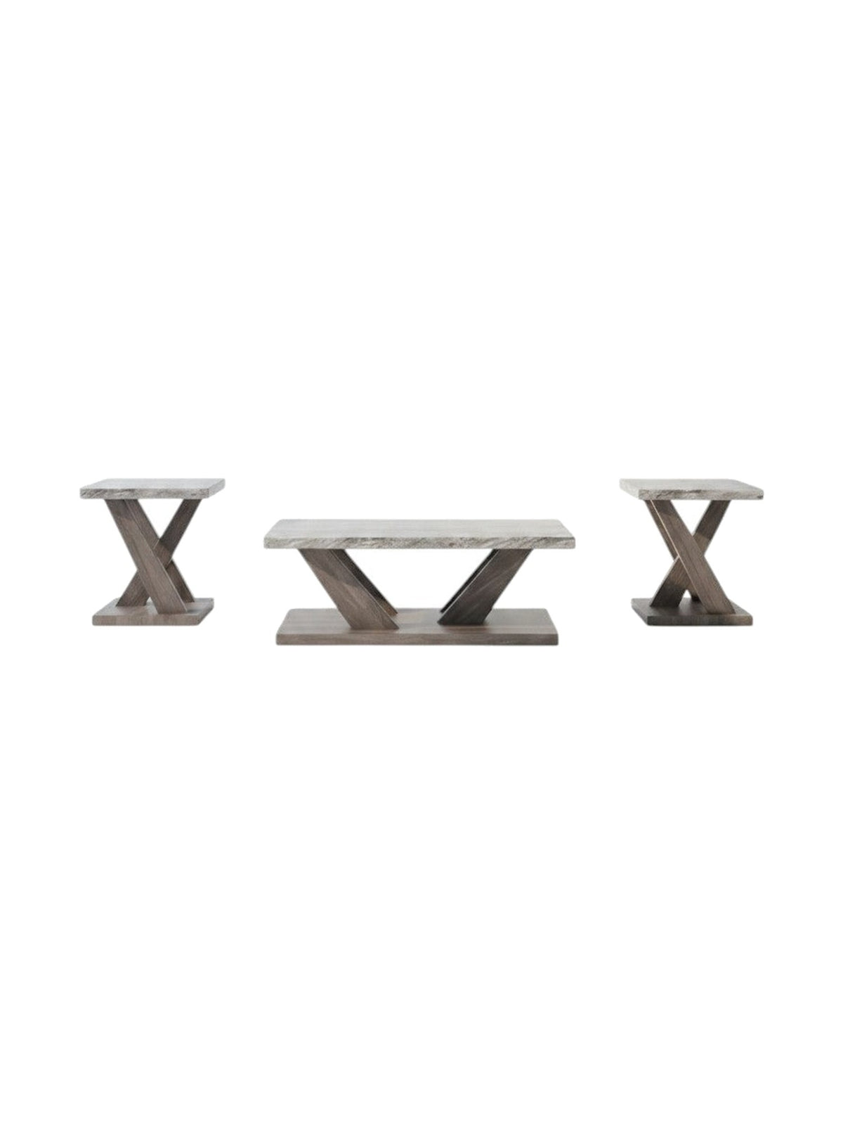 Ensemble de 3 tables basses TOCO Meubles avec plateaux gris effet pierre et bases en bois brun en forme de X