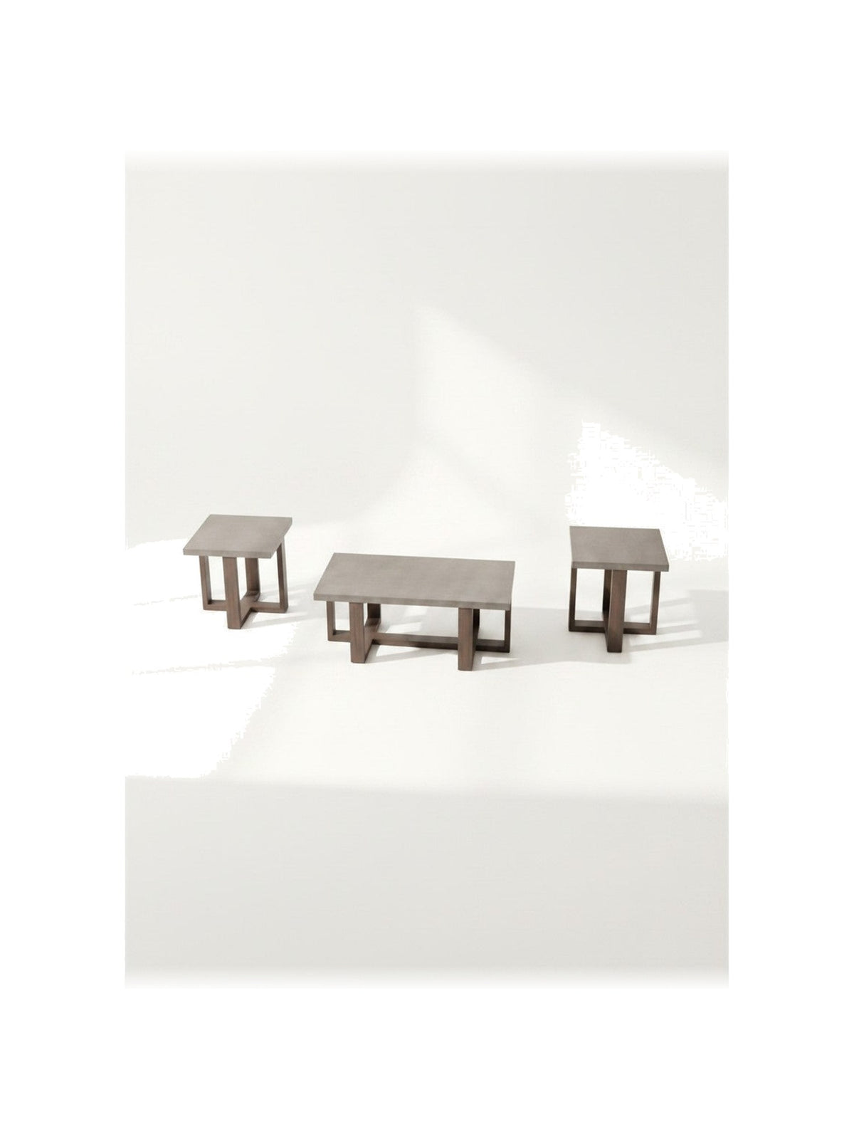 Ensemble de trois tables basses Brook TOCO Meubles avec plateaux gris et pieds en bois brun au design moderne