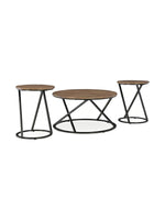 Ensemble de 3 tables basses TOCO Meubles avec plateaux ronds en bois brun et pieds en métal noir au design moderne