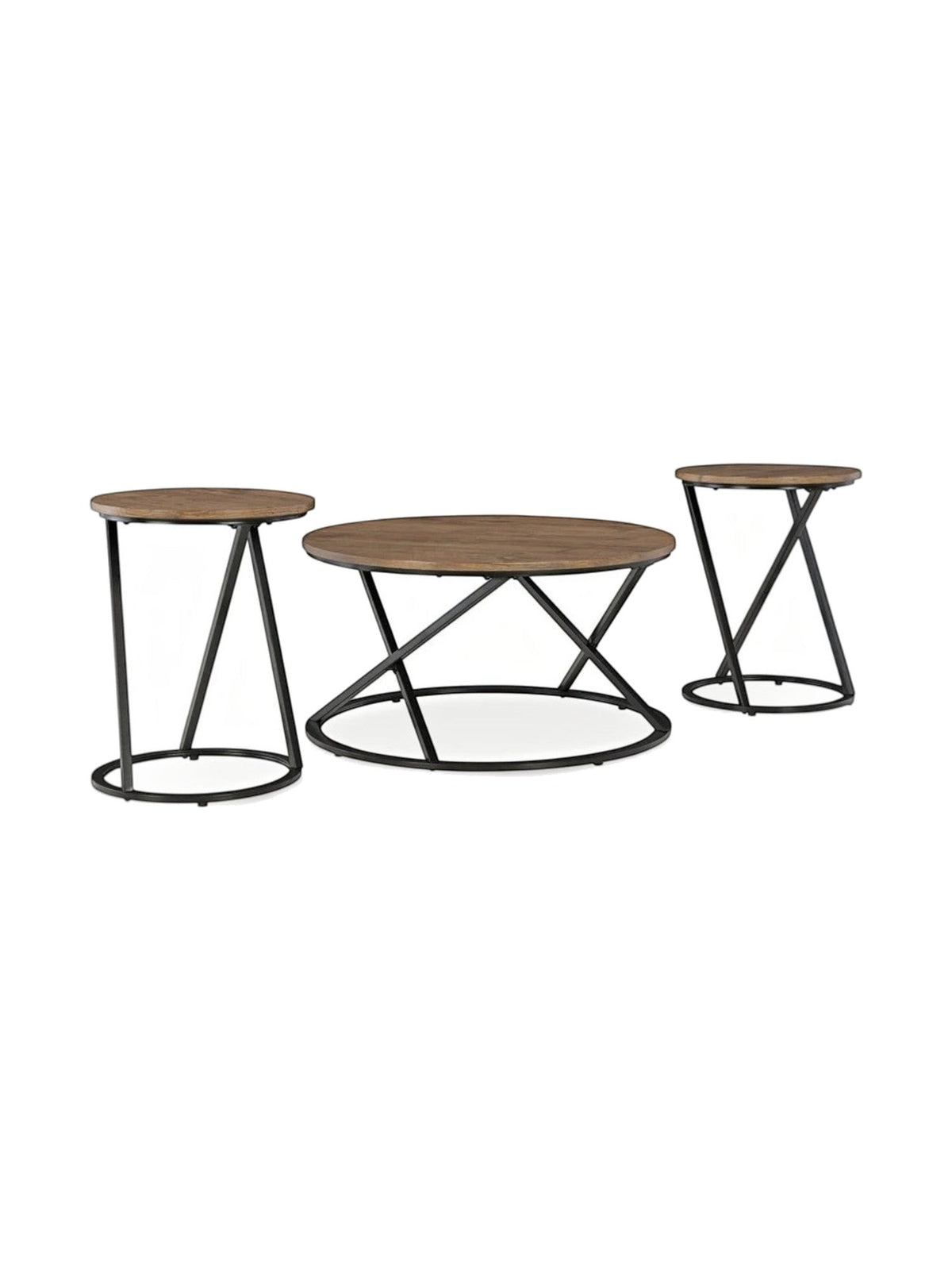 Ensemble de 3 tables basses TOCO Meubles avec plateaux ronds en bois brun et pieds en métal noir au design moderne