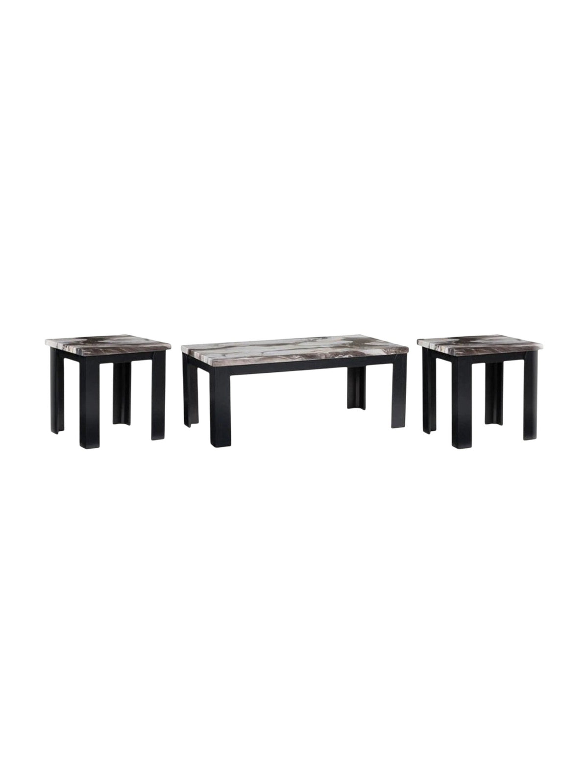 Ensemble de trois tables basses TOCO Meubles avec plateaux effet marbre brun foncé et pieds noirs robustes