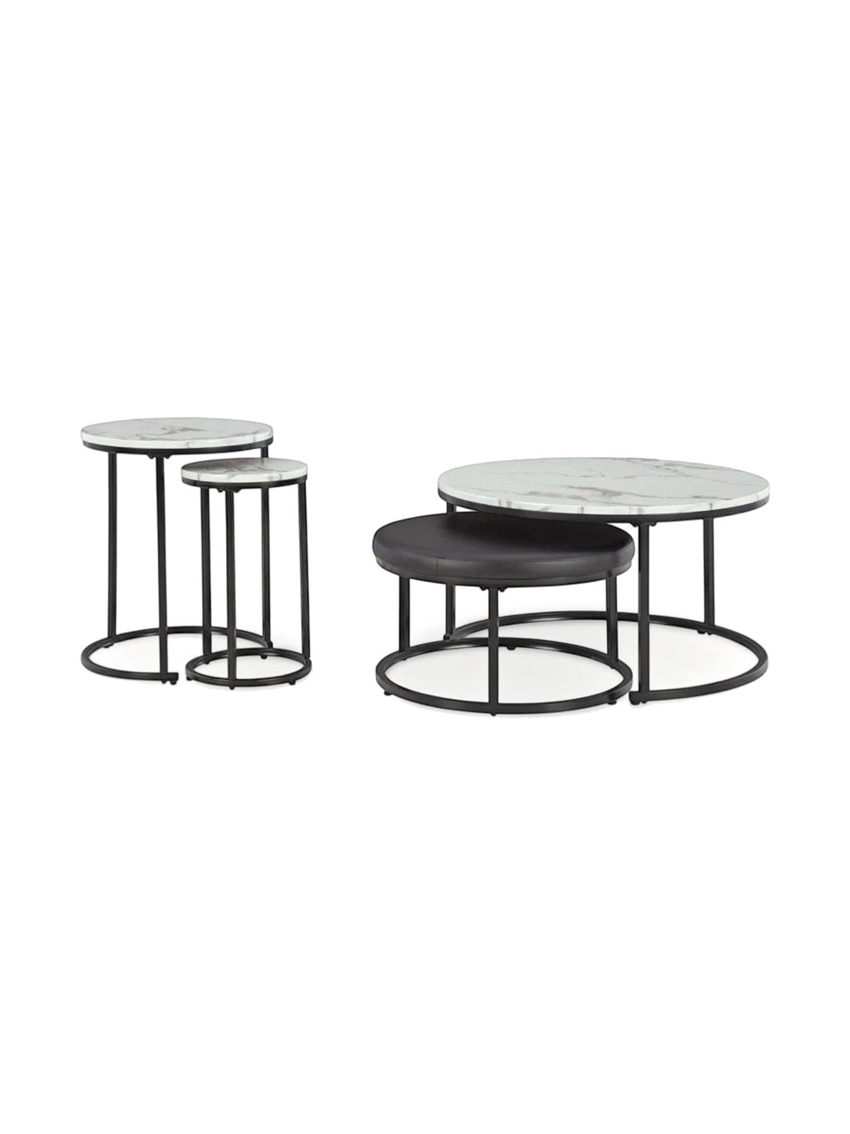 Ensemble de 4 tables gigognes TOCO Meubles avec plateaux ronds effet marbre blanc et structures en métal noir