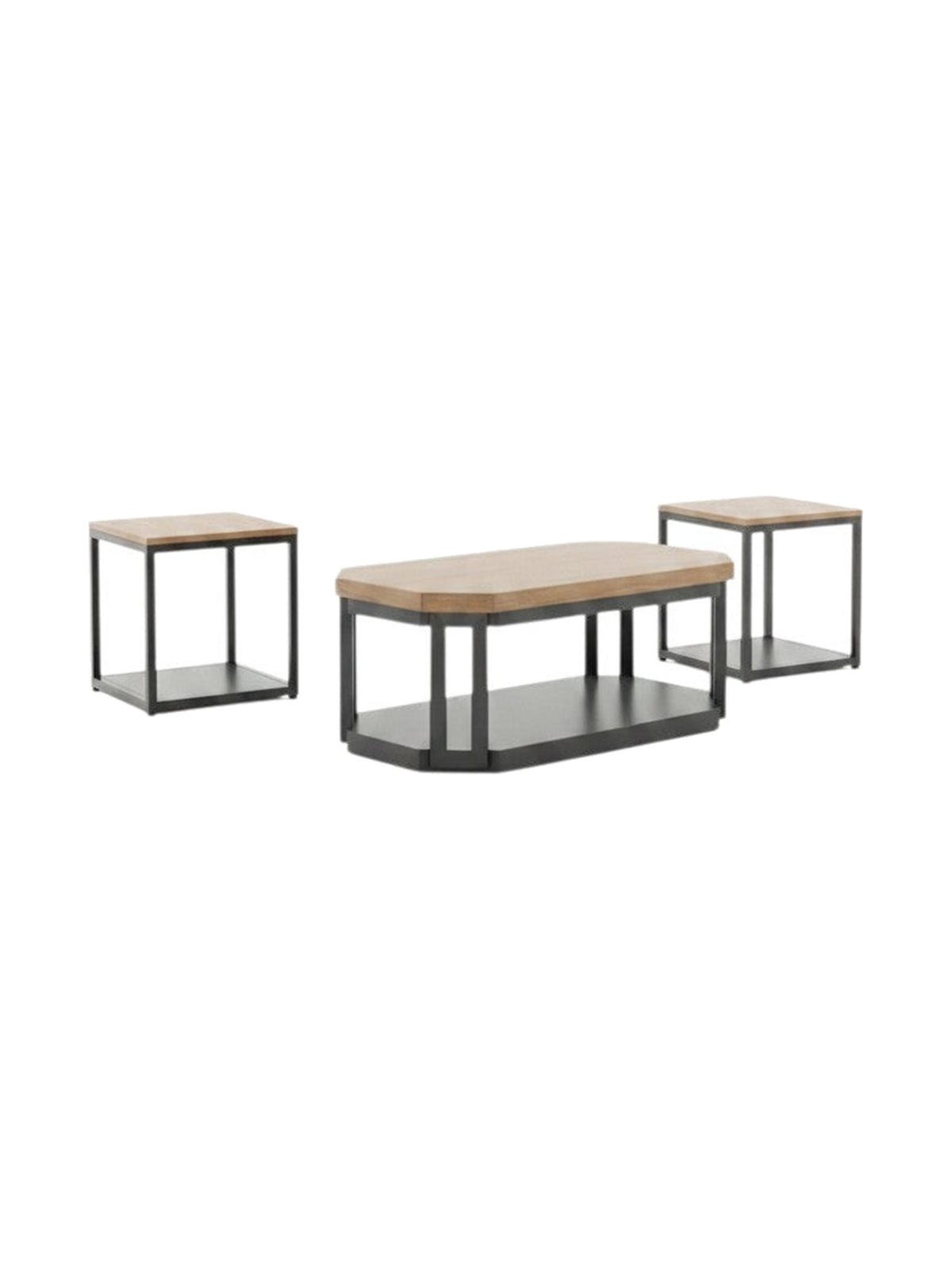 Ensemble de trois tables basses TOCO Meubles avec plateaux en bois brun et structures en métal noir