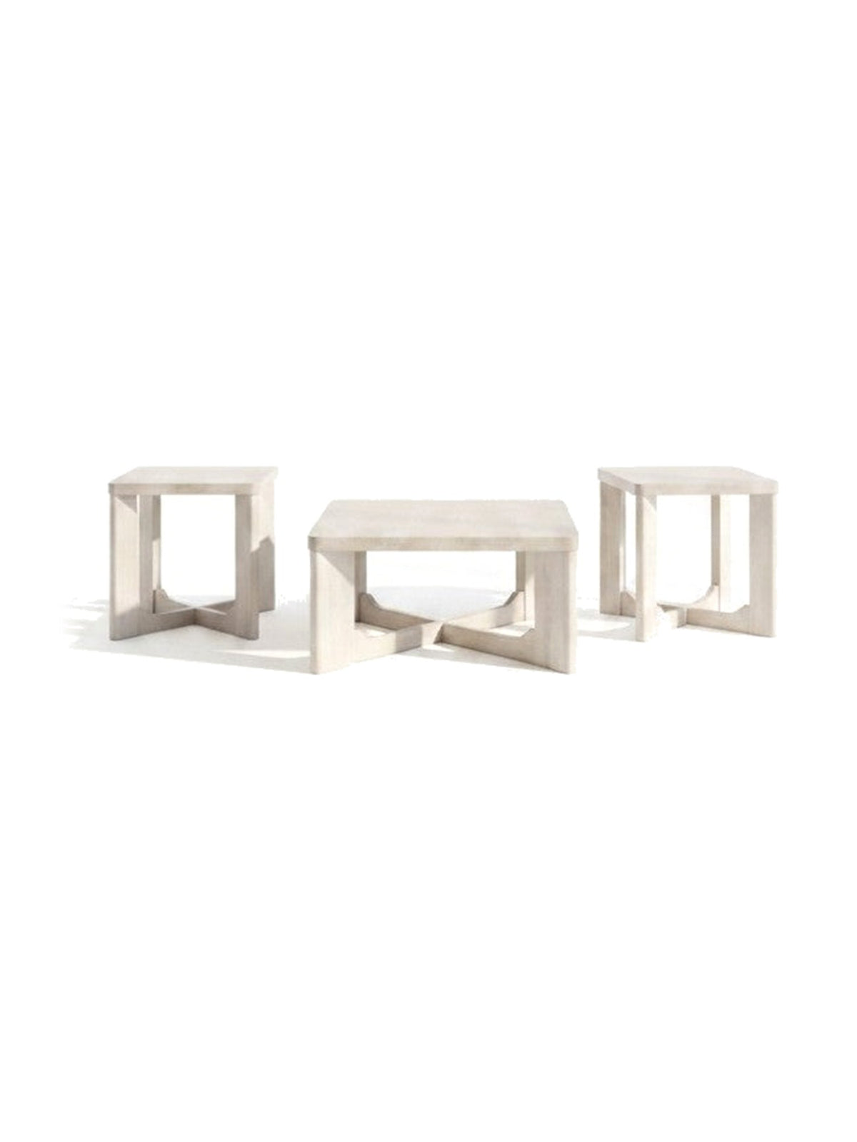 Ensemble de trois tables basses TOCO Meubles en bois finition blanchie avec pieds en croix modernes