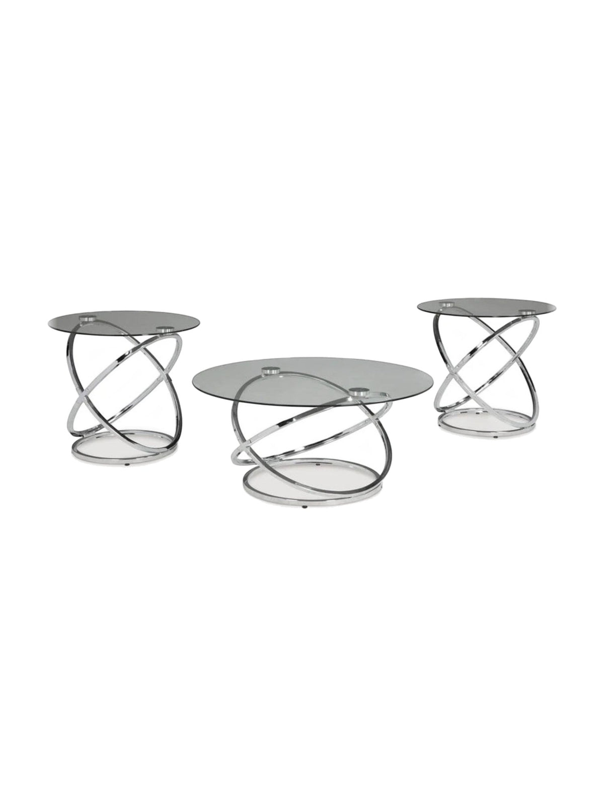 Ensemble de trois tables basses TOCO Meubles avec plateaux en verre trempé et pieds entrelacés en chrome brillant