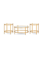 Ensemble de trois tables basses Okiro TOCO Meubles avec structure en métal doré et plateaux en verre trempé