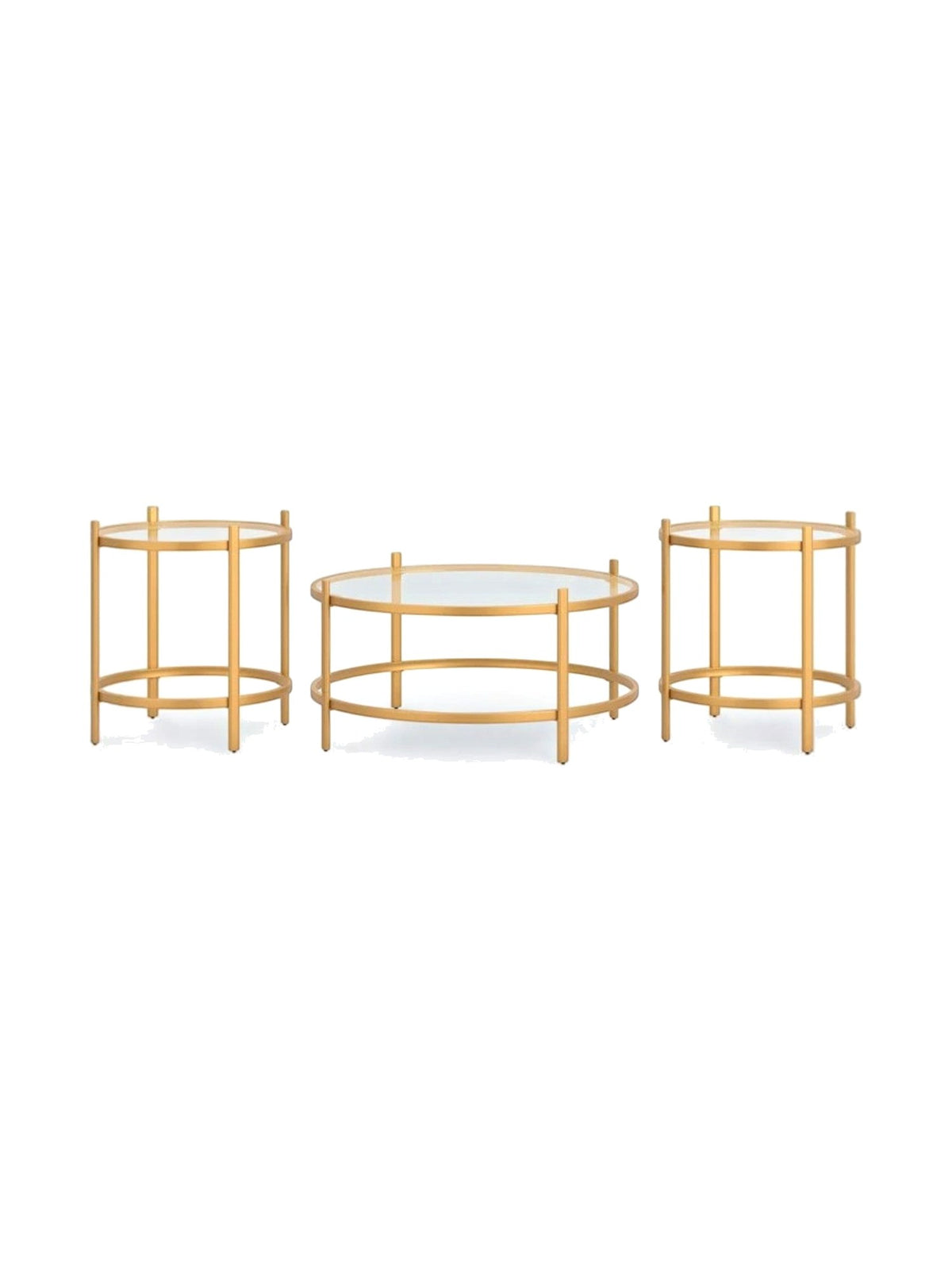 Ensemble de trois tables basses Okiro TOCO Meubles avec structure en métal doré et plateaux en verre trempé