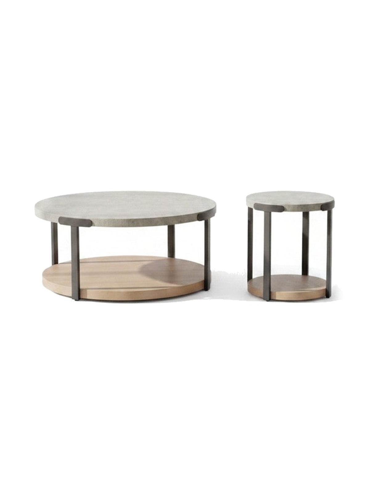 Ensemble de tables basses Seki de TOCO Meubles avec plateaux ronds gris et étagères inférieures en bois clair