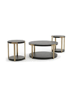 Ensemble de trois tables basses TOCO Meubles Shylo avec plateaux noirs ronds et pieds en métal finition laiton
