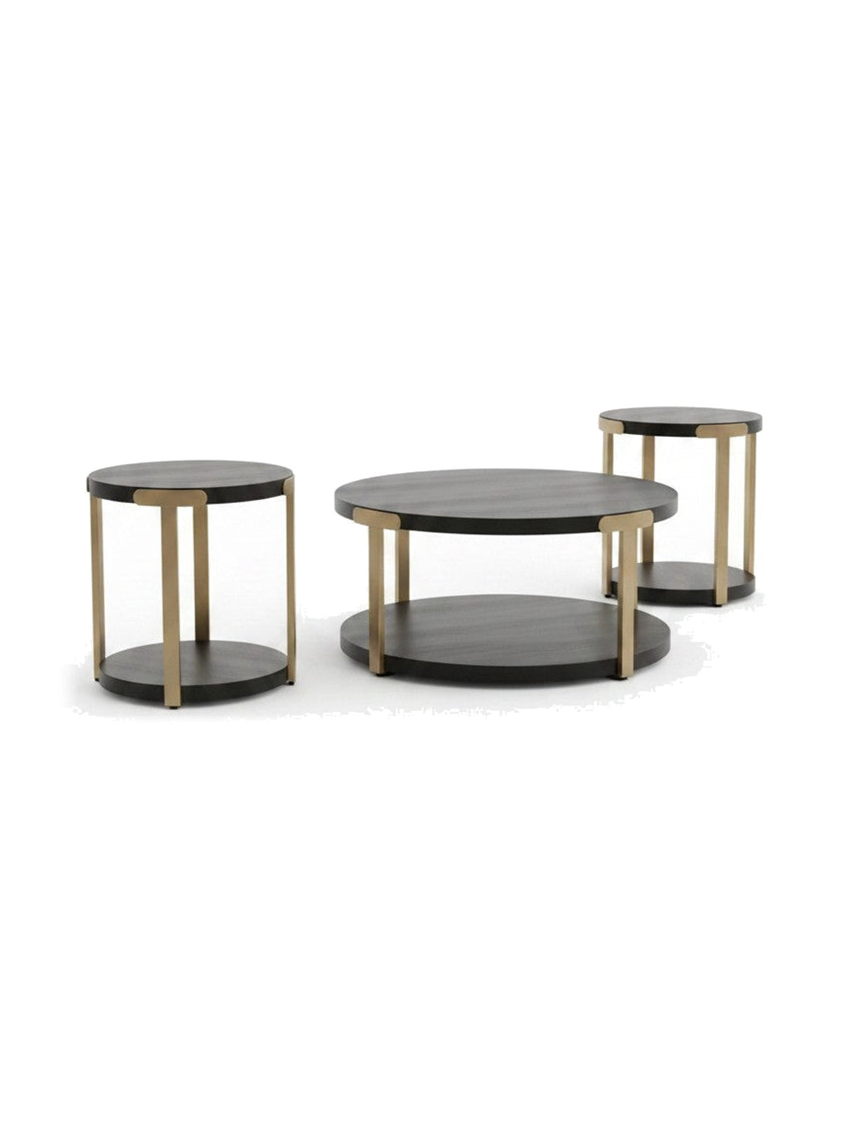 Ensemble de trois tables basses TOCO Meubles Shylo avec plateaux noirs ronds et pieds en métal finition laiton