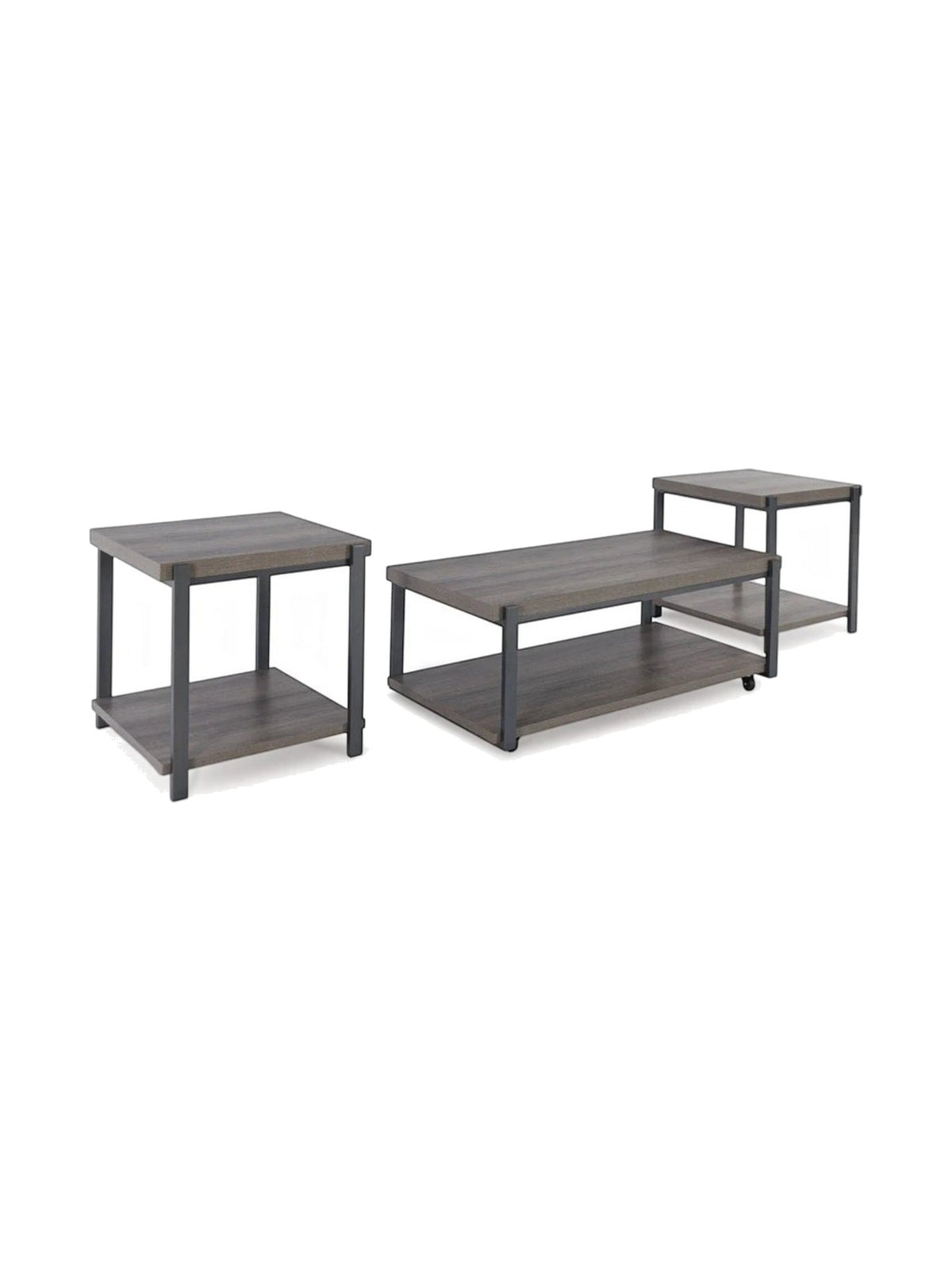Ensemble de trois tables basses TOCO Meubles Wilma avec plateaux gris effet bois et structure en métal noir