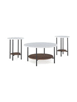 Ensemble de trois tables TOCO Meubles avec plateaux ronds en marbre blanc, étagères en bois brun et pieds en métal noir