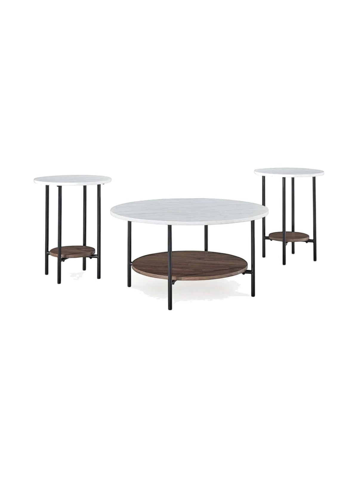 Ensemble de trois tables TOCO Meubles avec plateaux ronds en marbre blanc, étagères en bois brun et pieds en métal noir