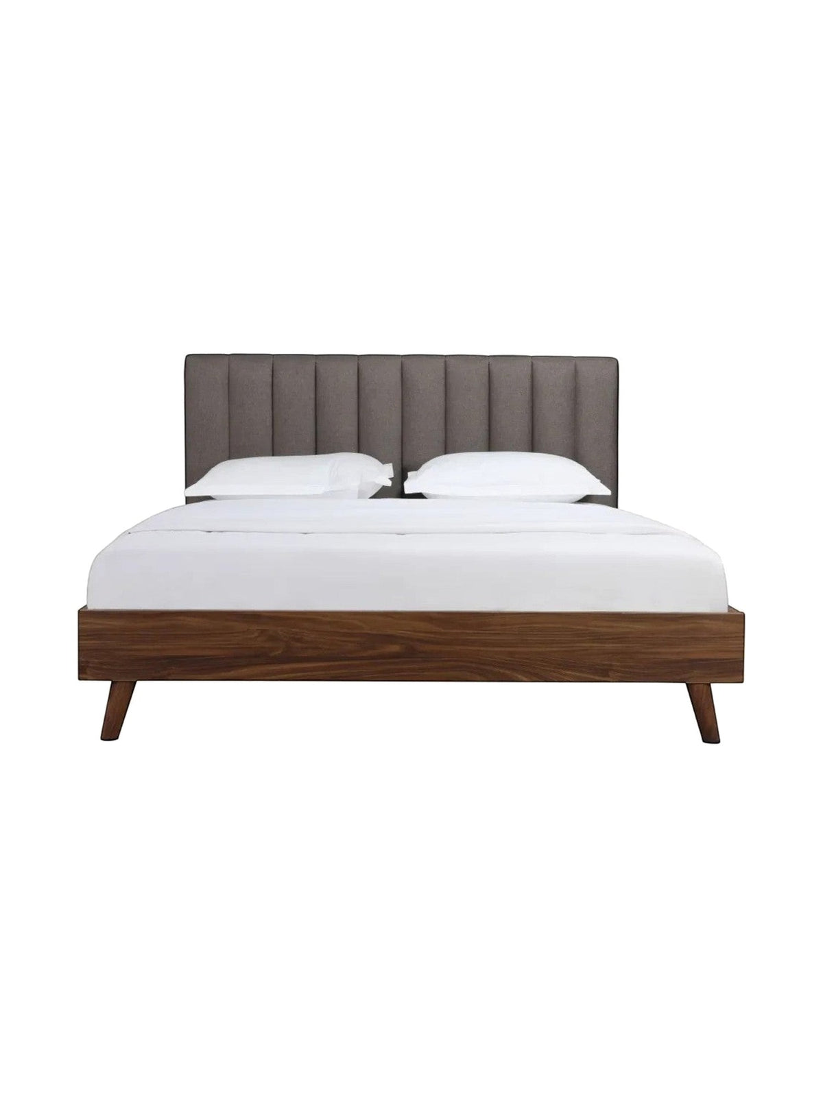 Grand Lit Atlas TOCO Meubles, lit double avec tête de lit capitonnée grise et cadre en bois brun, style Mid-Century Modern.