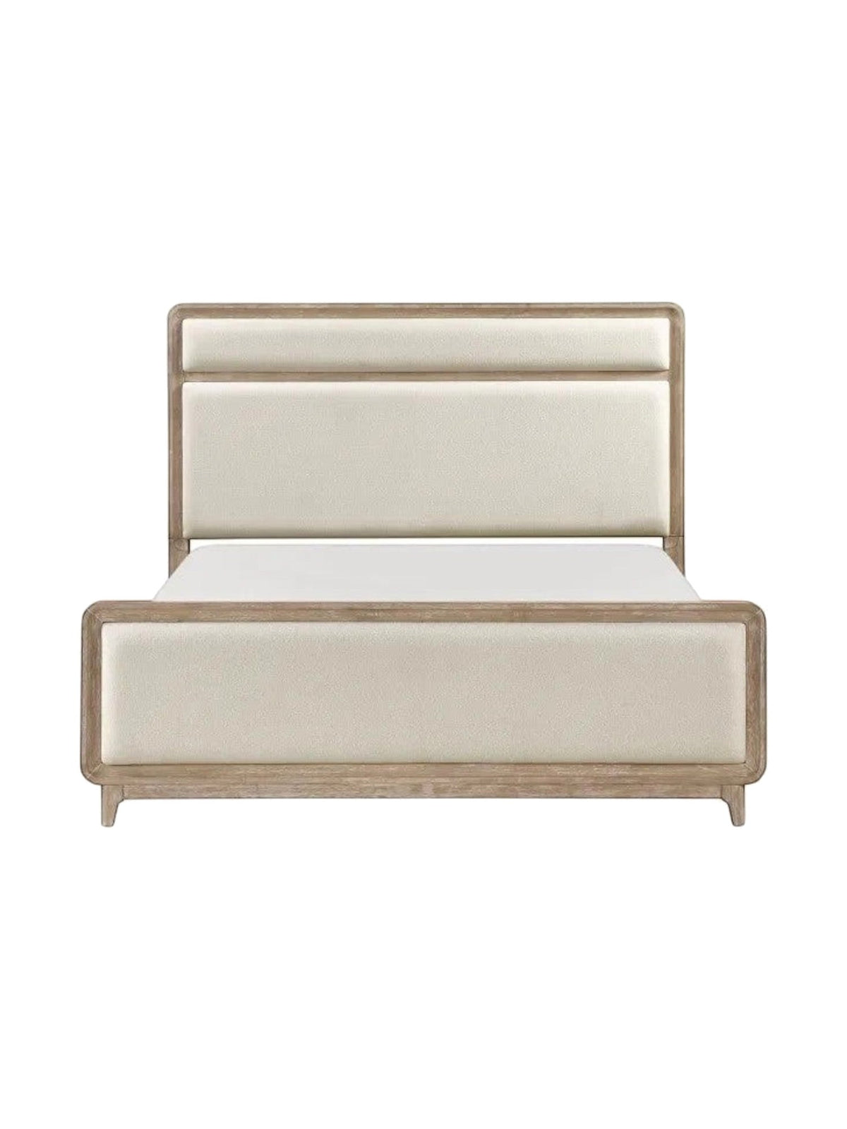 Grand lit Bonnie TOCO Meubles en bois de chêne naturel avec tête et pied de lit rembourrés en tissu chenille beige