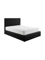 Lit coffre TOCO Meubles Colette noir avec tête de lit capitonnée et sommier intégré pour un rangement optimisé.