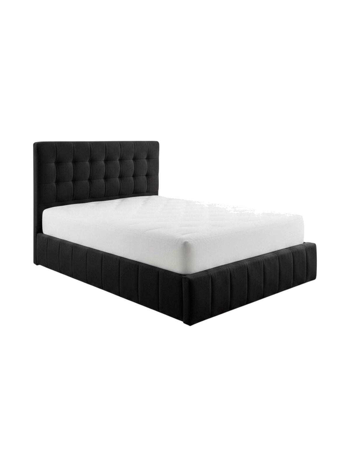 Lit coffre TOCO Meubles Colette noir avec tête de lit capitonnée et sommier intégré pour un rangement optimisé.