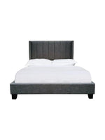Lit plateforme TOCO Meubles Dante gris foncé en tissu effet lin avec tête de lit capitonnée et clous décoratifs