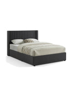 TOCO Meubles Grand lit Elena en velours gris avec tête de lit capitonnée et rangement intégré. Design contemporain.