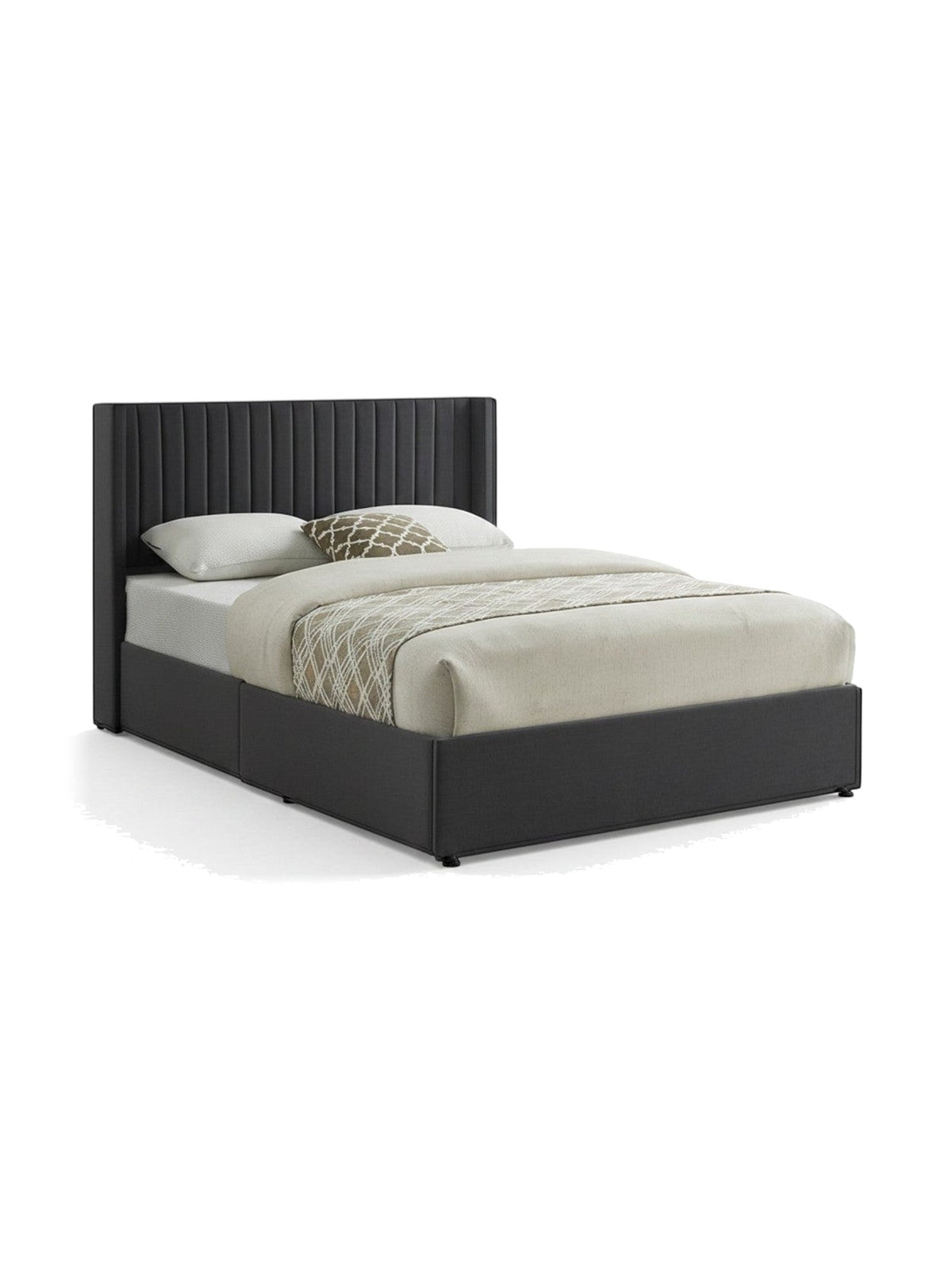 TOCO Meubles Grand lit Elena en velours gris avec tête de lit capitonnée et rangement intégré. Design contemporain.