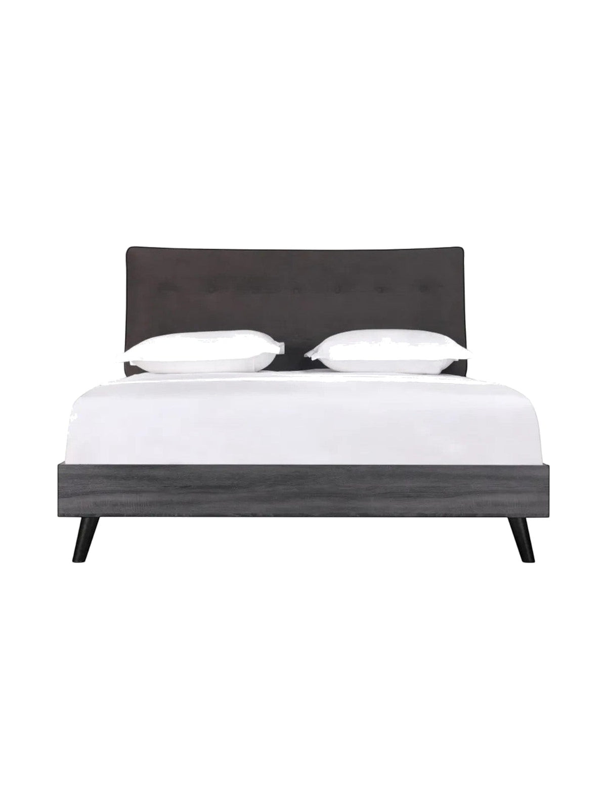 TOCO Meubles Grand lit Gianni queen, tête de lit capitonnée en velours gris foncé, structure imitation bois gris, pieds métalliques noirs inclinés.