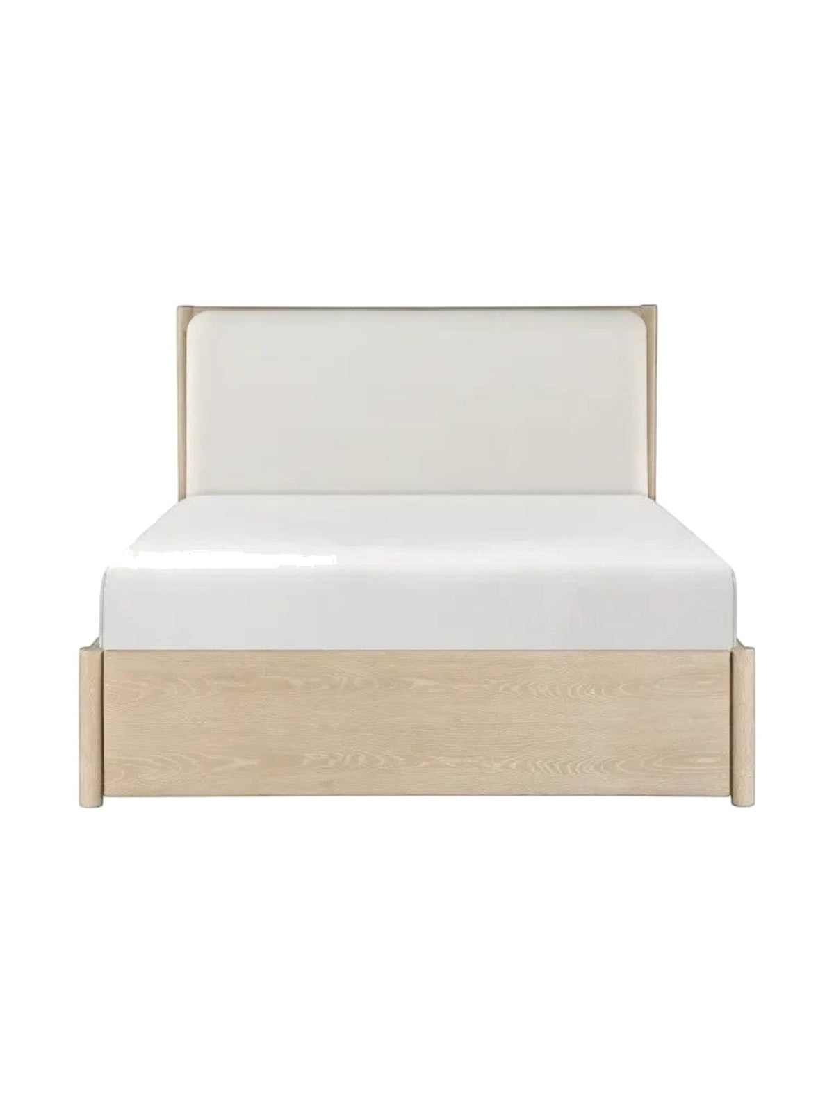 Grand lit Laurent TOCO Meubles en chêne clair avec tête de lit rembourrée couleur huître et ports de recharge intégrés.