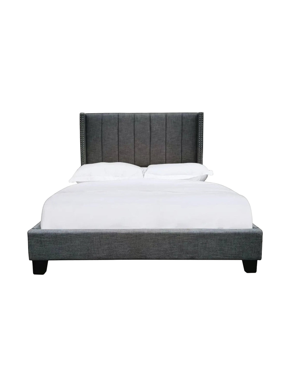 TOCO Meubles Grand Lit Lorenzo, lit plateforme gris foncé rembourré avec tête de lit capitonnée et clous décoratifs, style contemporain.