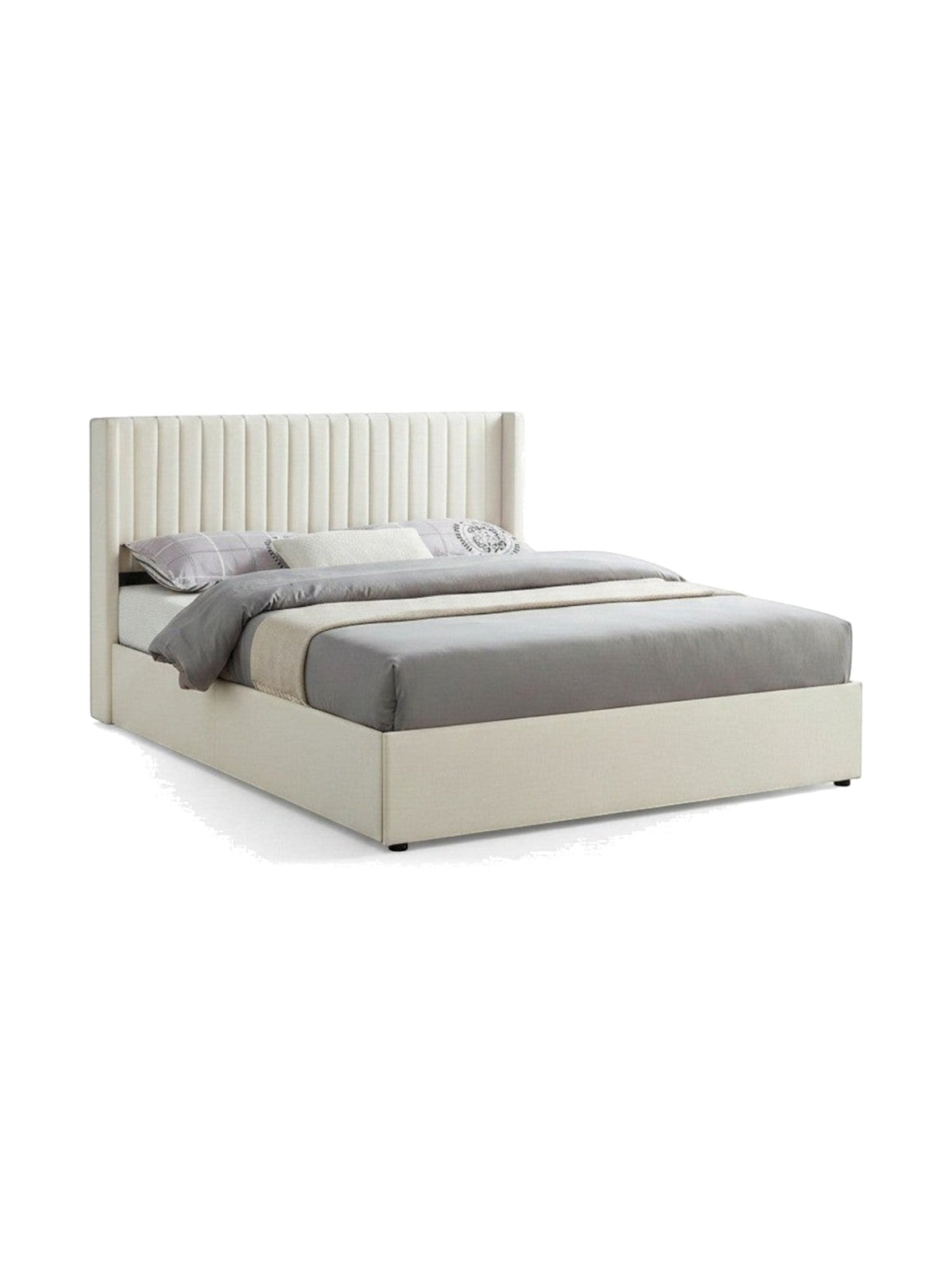 Grand lit Lucia TOCO Meubles en velours crème avec tête de lit ailée capitonnée et espace de rangement intégré