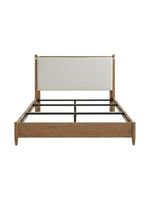 Lit plateforme TOCO Meubles Noria en bois brun avec tête de lit rembourrée beige et lattes de support intégrées