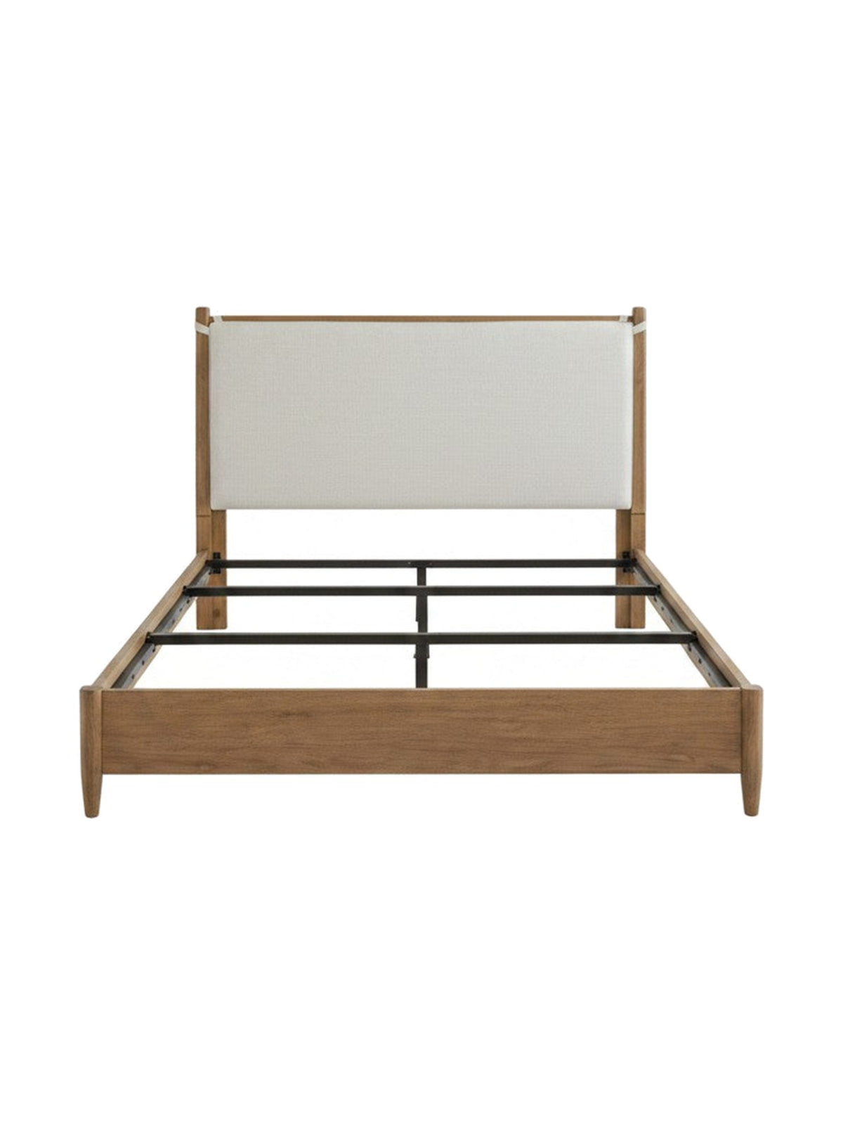 Lit plateforme TOCO Meubles Noria en bois brun avec tête de lit rembourrée beige et lattes de support intégrées