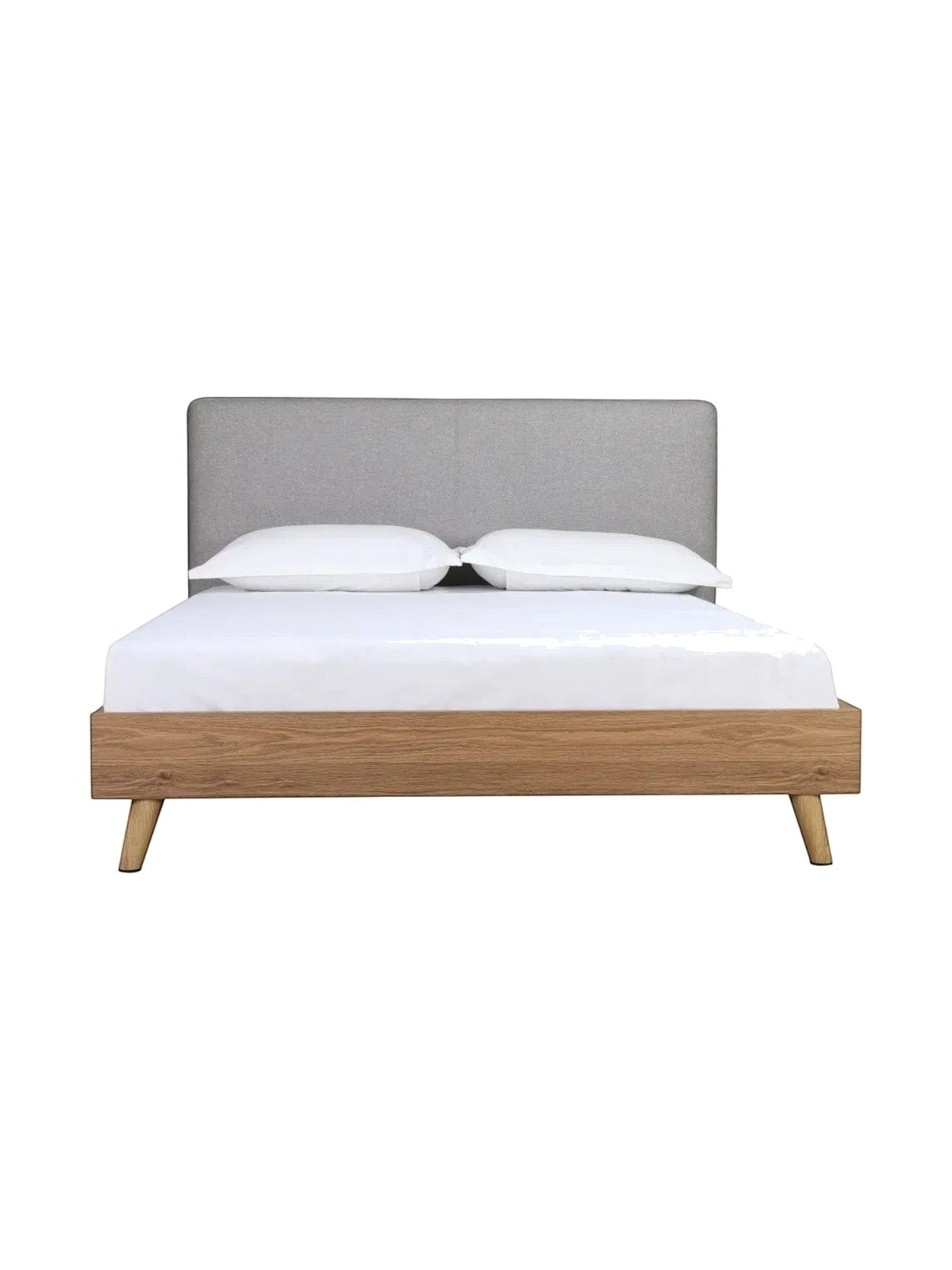 Lit plateforme TOCO Meubles Nova avec cadre en bois brun et tête de lit rembourrée en tissu gris style moderne