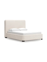 Grand lit Paloma TOCO Meubles en tissu bouclé crème avec tête de lit enveloppante et pieds discrets.
