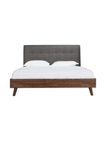 Lit plateforme TOCO Meubles Rafael avec tête de lit capitonnée grise et cadre en bois imitation noyer