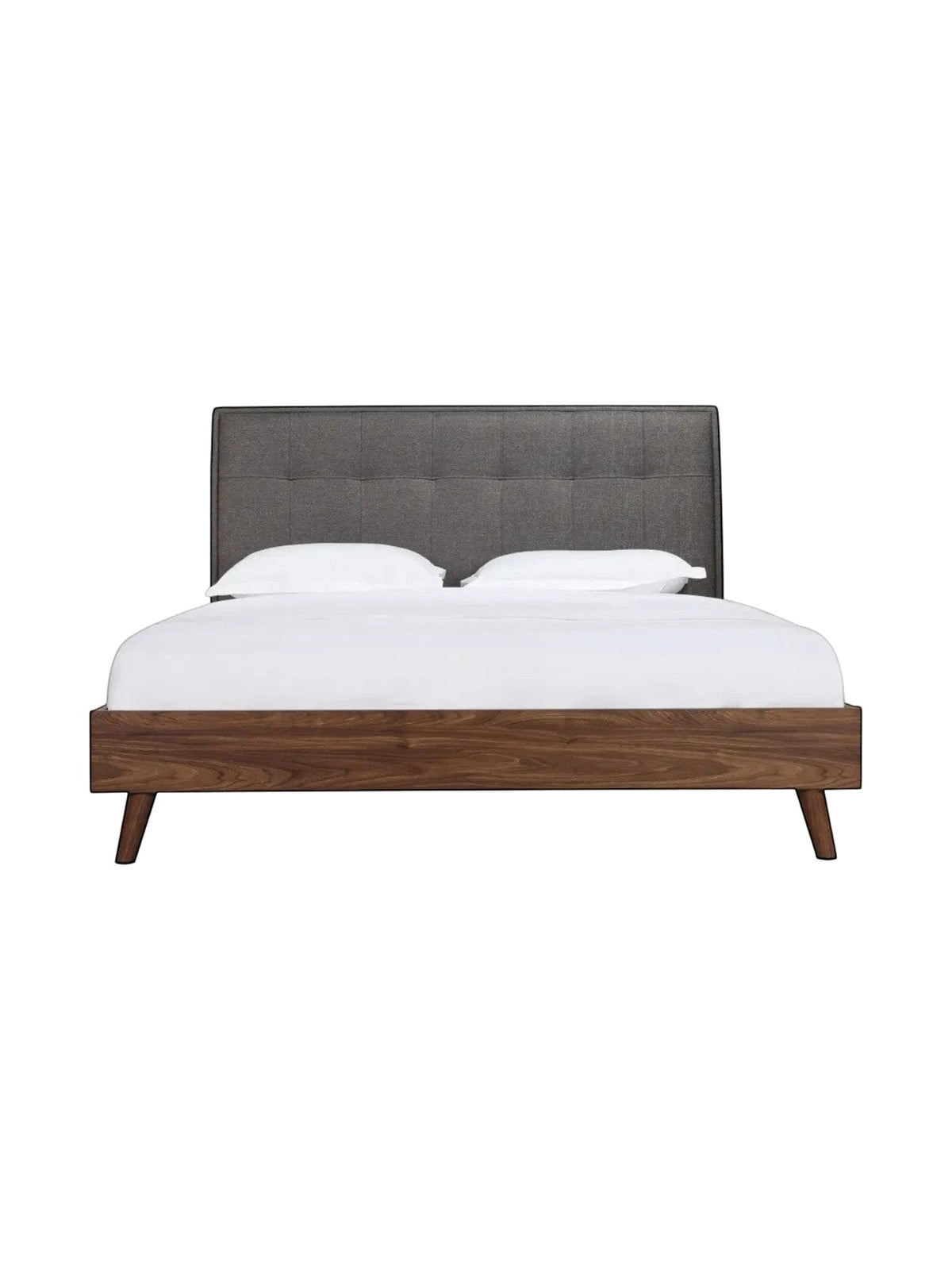 Lit plateforme TOCO Meubles Rafael avec tête de lit capitonnée grise et cadre en bois imitation noyer
