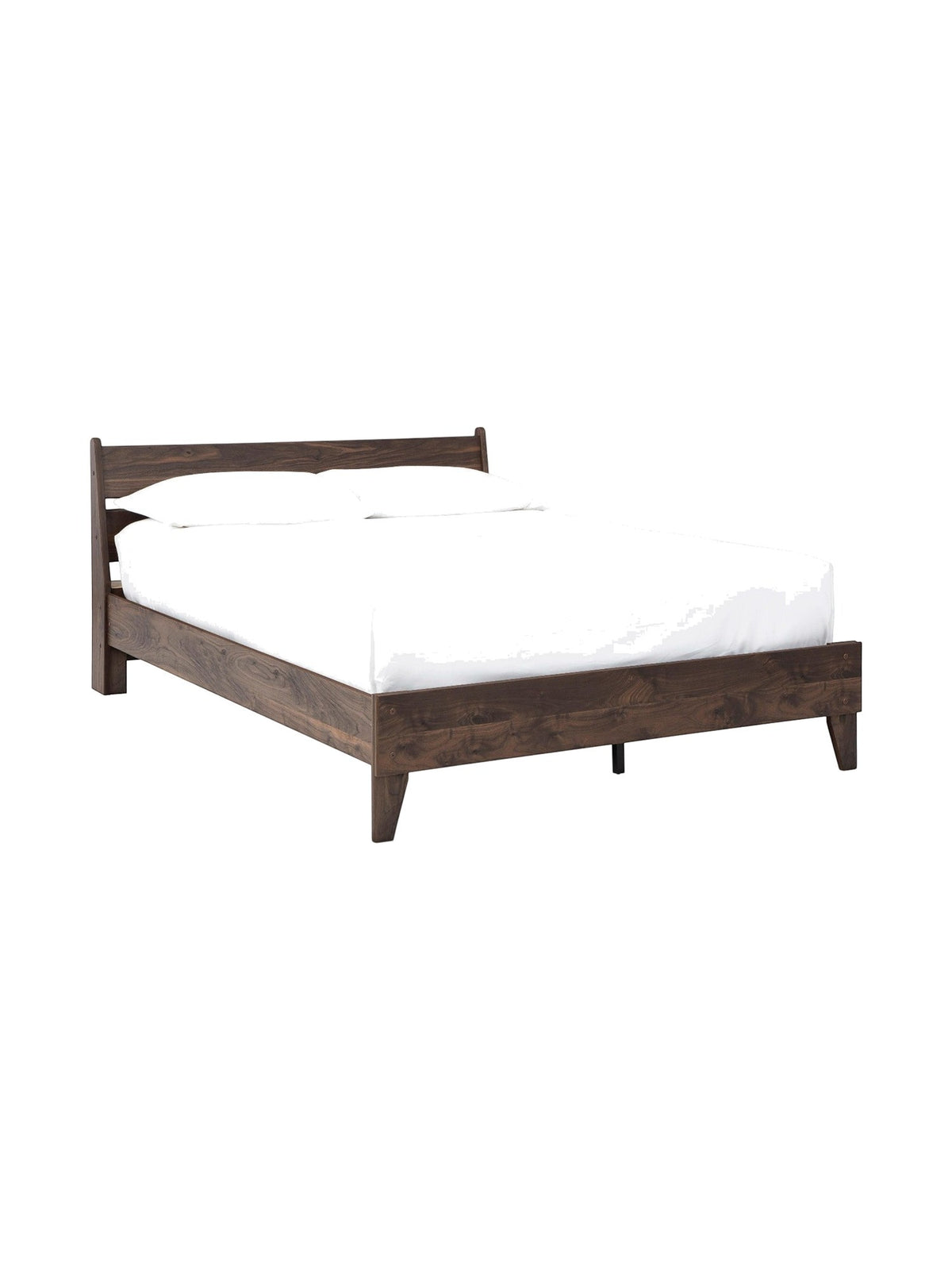 Lit Ramona TOCO Meubles en bois brun foncé avec tête de lit incurvée et pieds fuselés. Design moderne.