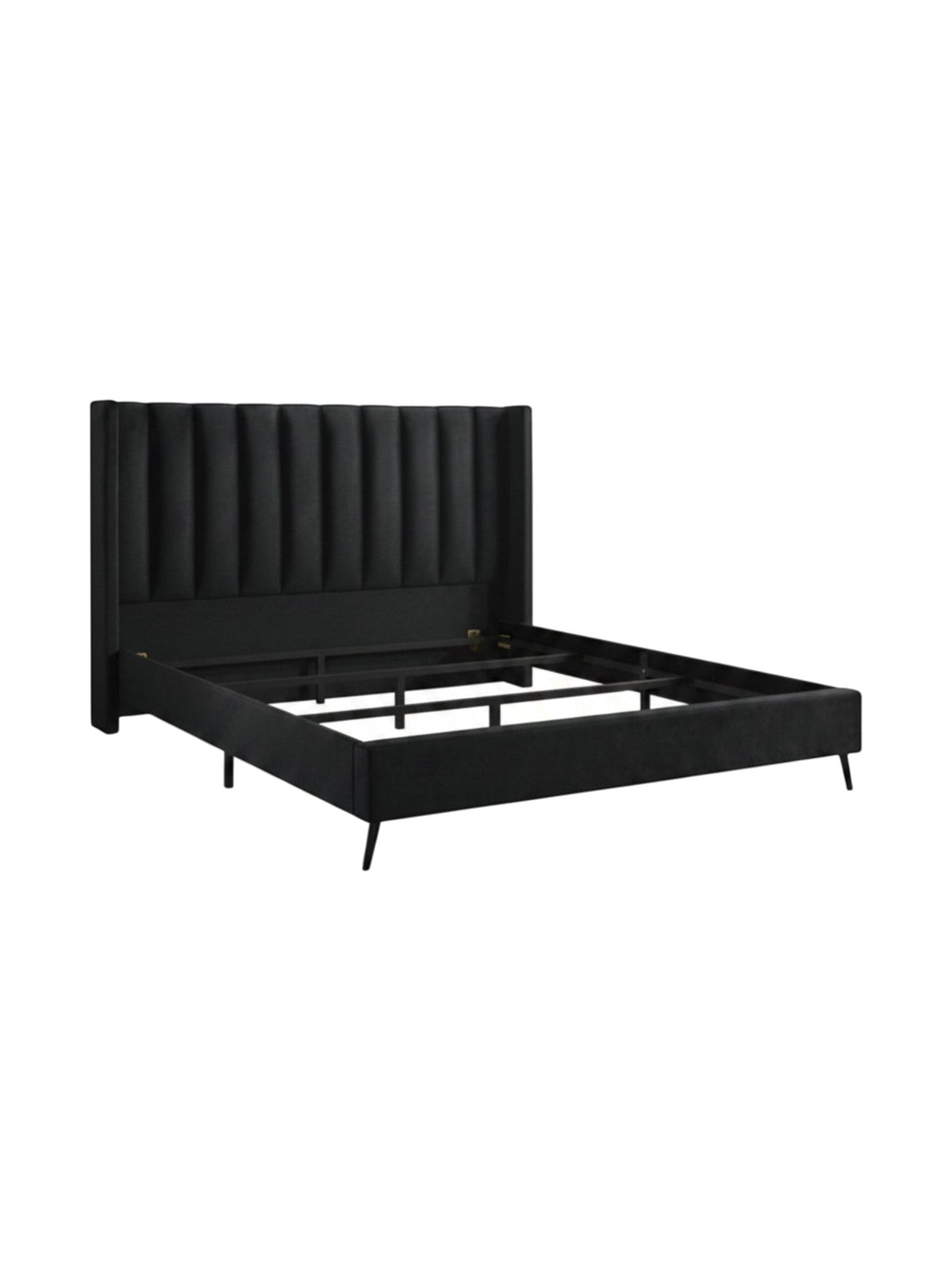 Lit plateforme TOCO Meubles Simone en velours noir avec tête de lit capitonnée verticale et pieds en métal