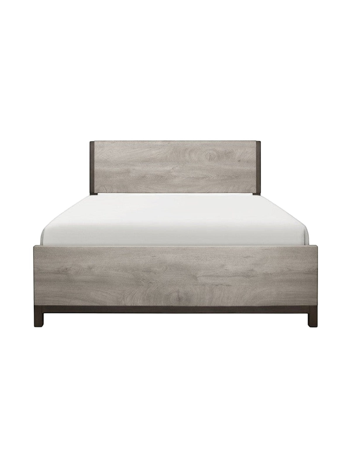Lit double TOCO Meubles Stella gris imitation bois avec détails en métal peint pour une chambre contemporaine