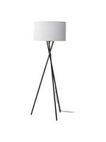 Lampadaire TOCO Meubles Ambrose avec structure tripode en métal noir et abat-jour cylindrique en tissu blanc