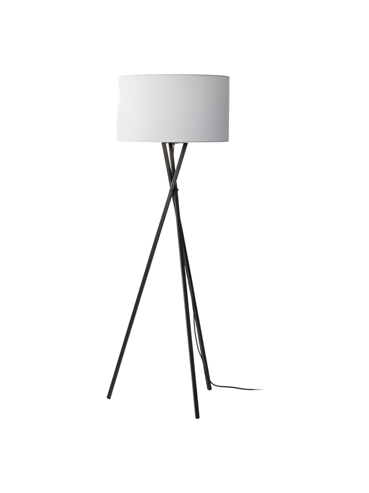 Lampadaire TOCO Meubles Ambrose avec structure tripode en métal noir et abat-jour cylindrique en tissu blanc