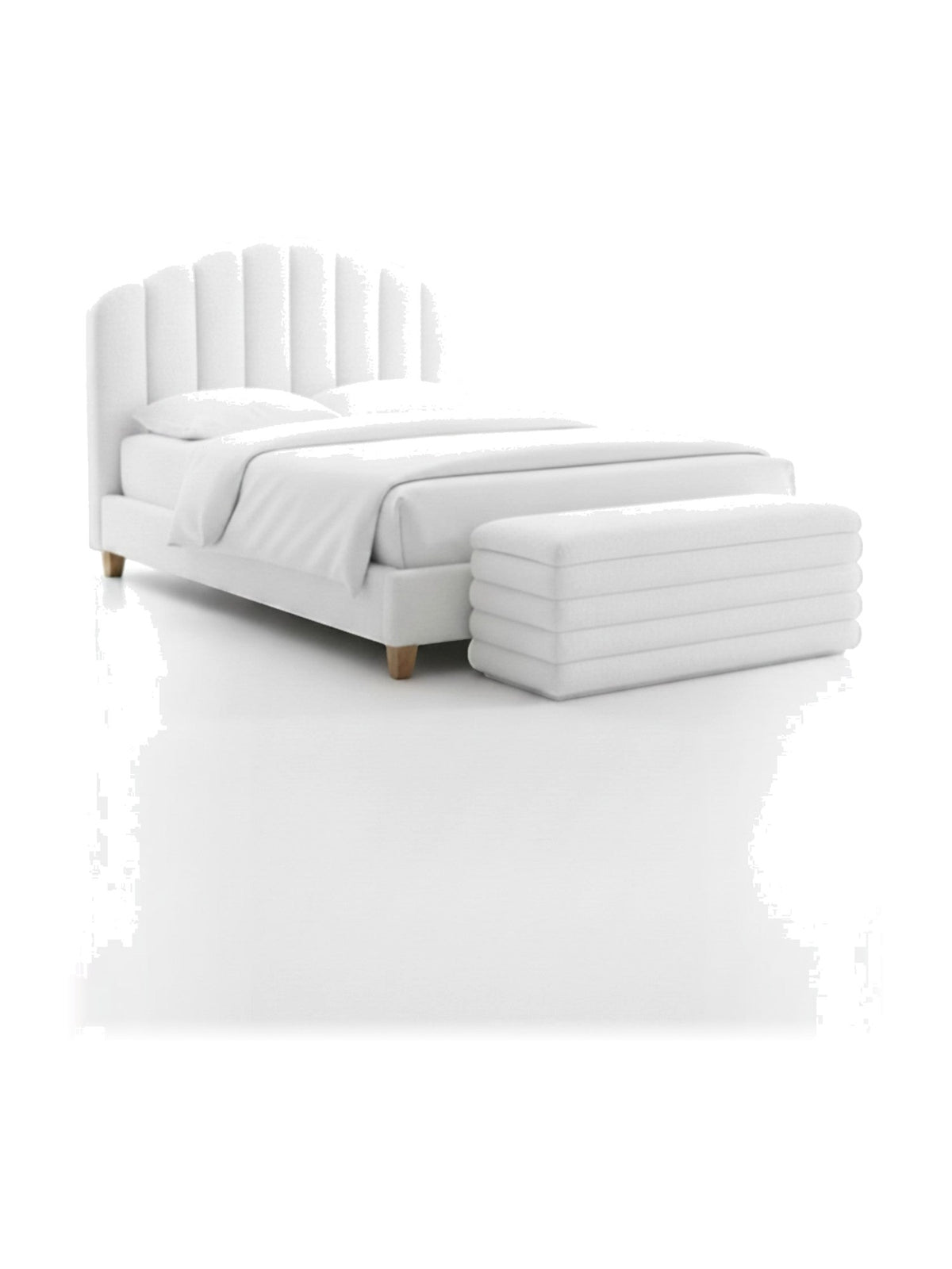 Lit double TOCO Meubles Adele blanc effet peluche avec tête de lit capitonnée et pieds en bois naturel