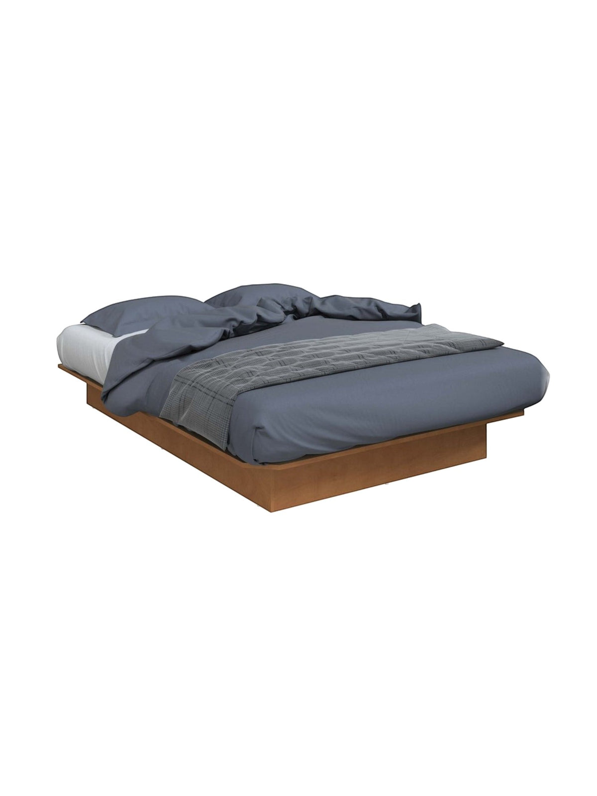 Lit double Écono TOCO Meubles avec base en bois brun et literie bleu gris moderne