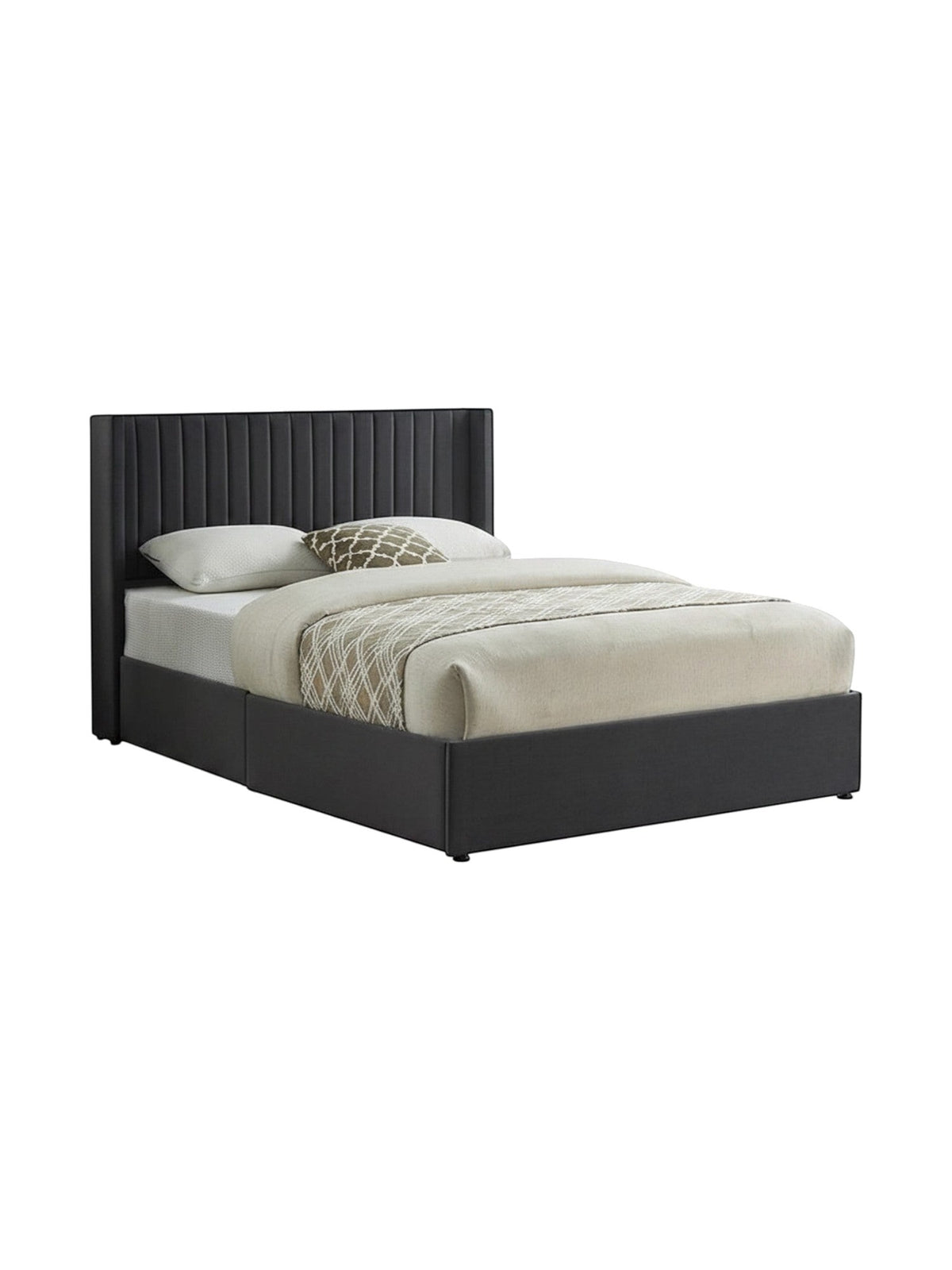 Lit double Elena TOCO Meubles en velours gris avec tête de lit ailée capitonnée et espace de rangement intégré