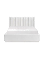 Lit double plateforme TOCO Meubles Emilio blanc avec tête de lit capitonnée verticalement et revêtement texturé