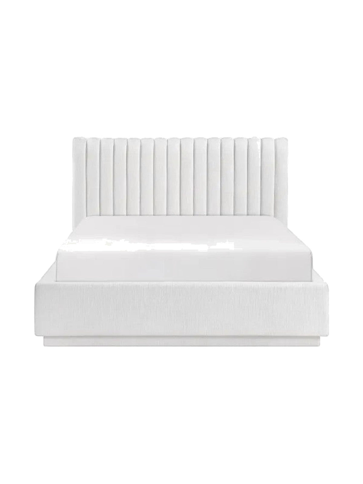 Lit double plateforme TOCO Meubles Emilio blanc avec tête de lit capitonnée verticalement et revêtement texturé
