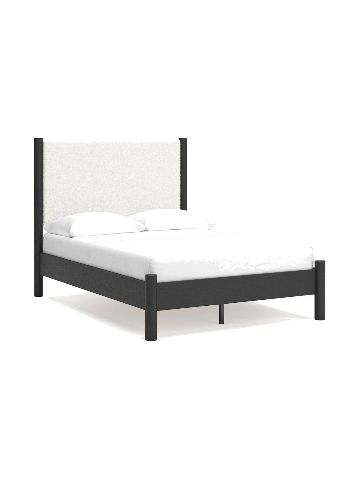 Lit double Margot TOCO Meubles avec tête de lit rembourrée blanche texturée et cadre en bois sombre.
