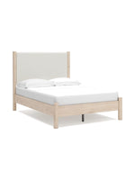 Lit double Margot TOCO Meubles en bois clair avec tête de lit rembourrée texturée blanc cassé. Style boho minimaliste.