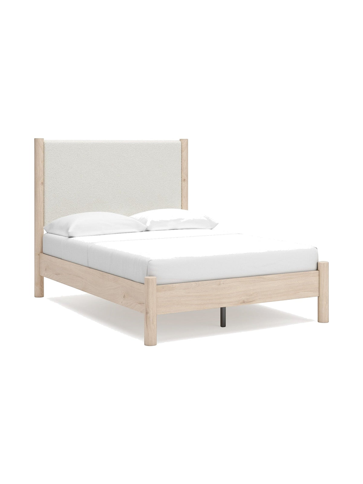Lit double Margot TOCO Meubles en bois clair avec tête de lit rembourrée texturée blanc cassé. Style boho minimaliste.