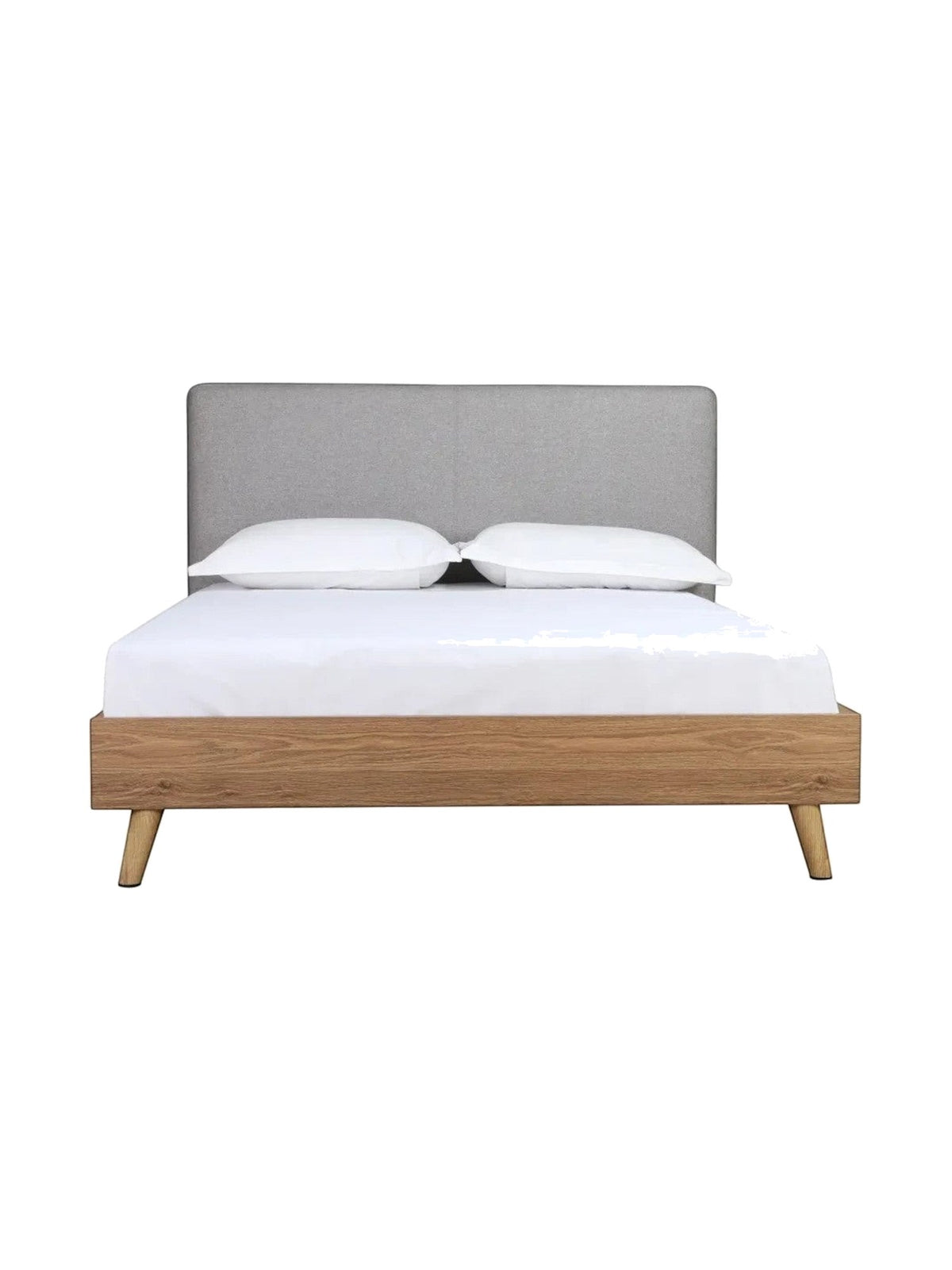 Lit double Nova TOCO Meubles en bois brun et tissu gris, design plateforme moderne avec tête de lit rembourrée.