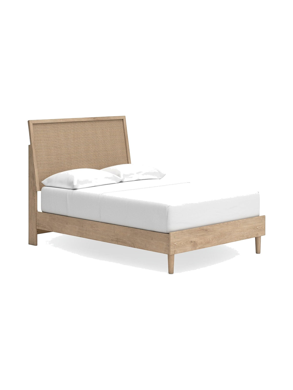 Lit double Olive TOCO Meubles en bois clair avec tête de lit en cannage beige, style contemporain.